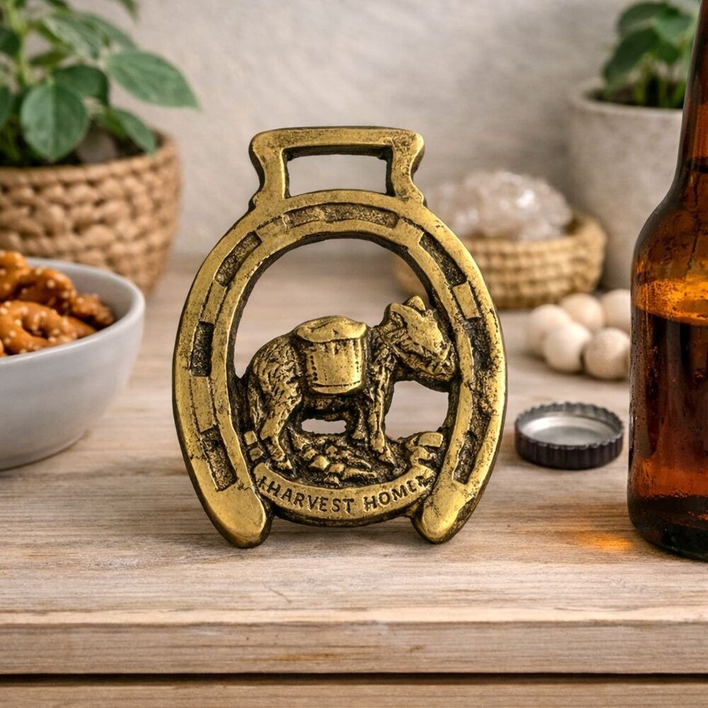 Vintage Brass Horse Shoe Shaped Bottle Opener With Mule & Harvest Home Design